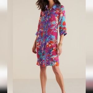 Soft Surroundings Garden Path Shirt Dress Floral Colorful Like Silk M.